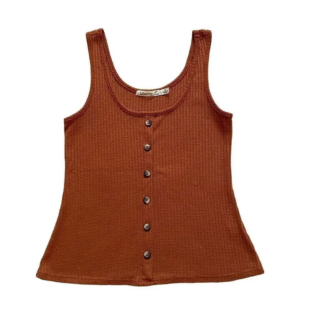 Liberty Love Burnt Orange Sleeveless Knit Button Front Ribbed Tank Top SZ S
